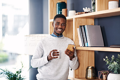 Buy stock photo Smartphone, coffee and black man in portrait office for social media, network or check email. Corporate worker, professional and male person with tea or cellphone for internet, website or mobile app 