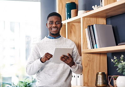 Buy stock photo Black man, smile and tablet in office portrait for web design, online project and social media. Business person, corporate and happy working on digital tech for research, planning and strategy