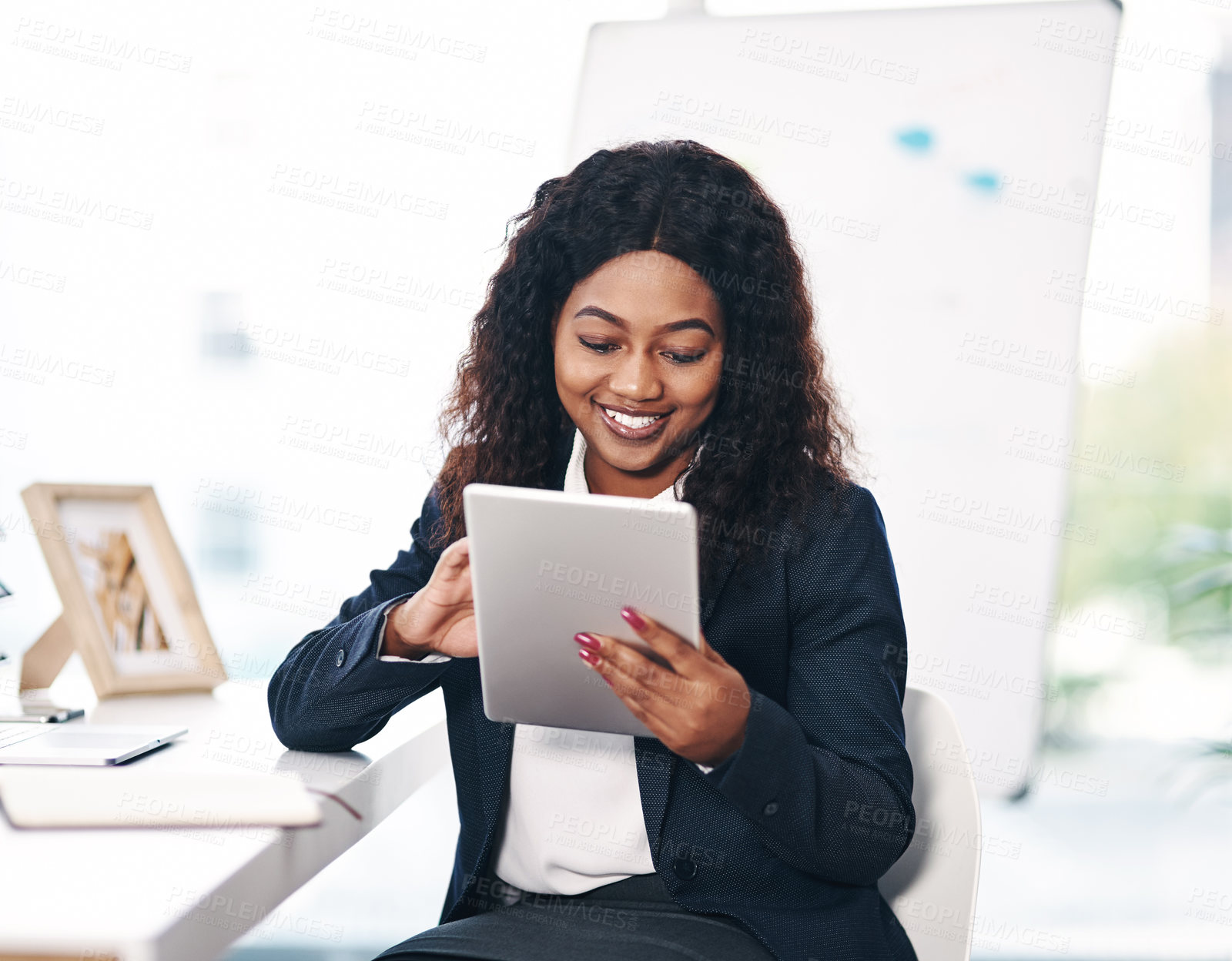 Buy stock photo Office, reading and black woman with tablet, smile and scroll  online for business opportunity. Networking, communication or businesswoman at desk with digital app for email, social media or research