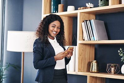 Buy stock photo Portrait, smile and business with black woman, smartphone and lawyer in modern office. Face, African person and employee with cellphone and attorney with online schedule and email with company info