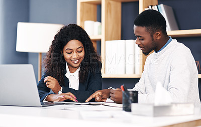 Buy stock photo Teamwork, black woman and man at desk with tablet, laptop or paperwork for sharing ideas. Collaboration, opinion and business people in office for partnership, plan and growth for online development.