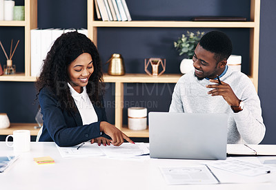 Buy stock photo Business people, documents and meeting with discussion in office for planning, strategy and brainstorming. Woman, man and laptop with paper for financial proposal, collaboration and investment review