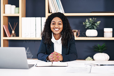 Buy stock photo Black woman, laptop and online for research at office for website as web designer for agency. Female employee, portrait and internet for creative or ideas for work, project and startup business

