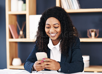 Buy stock photo Smile, typing and black woman with phone in office for email, communication and online research. Corporate, attorney and happy with technology for legal information or policy review for law case