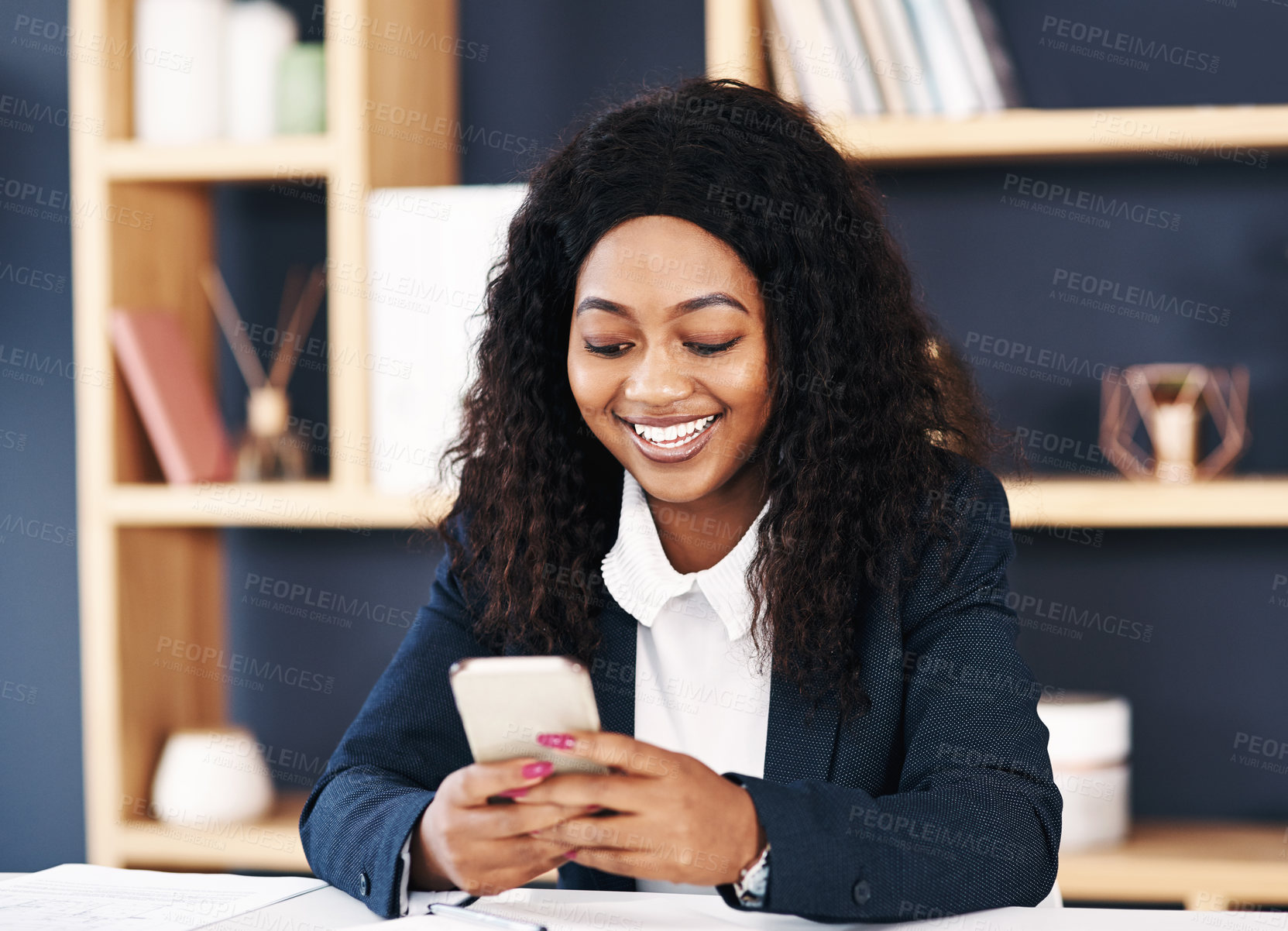 Buy stock photo Smile, typing and black woman with phone in office for email, communication and online research. Corporate, attorney and happy with technology for legal information or policy review for law case