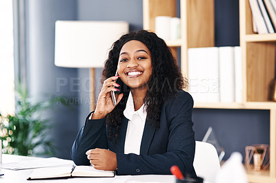 Buy stock photo Phone call, portrait or black woman with smile in a law firm for consulting, legal advice or networking. Mobile communication, happy attorney or African lawyer talking in conversation or discussion