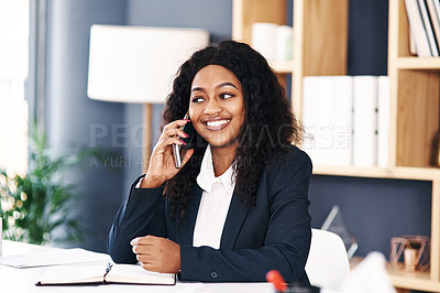 Buy stock photo Phone call, lawyer or black woman with smile in a law firm for consulting, legal advice or networking. Mobile communication, justice or happy African attorney talking in conversation or discussion