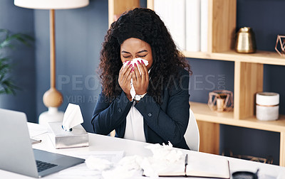 Buy stock photo Black woman, business and tissue or blowing nose in office for allergies sneeze, virus or hayfever. Female person, sick and work deadline with bacteria infection or pneumonia disease, flu or overtime
