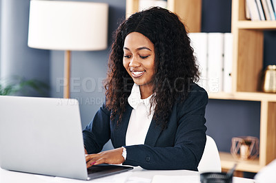 Buy stock photo Lawyer, laptop or black woman with smile in a law firm for consulting, legal advice or networking. Communication, research or happy African attorney on pc technology for schedule or feedback review 