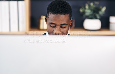 Buy stock photo Computer, business and black man in office for reading email, project or network on mockup space. Pc, professional and consultant on internet for research online, planning or working on tech report