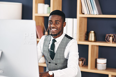 Buy stock photo Lawyer, happy or black man on computer for legal advice, consulting and networking at law firm. Smile, policy research or African attorney on internet for technology, schedule and feedback review