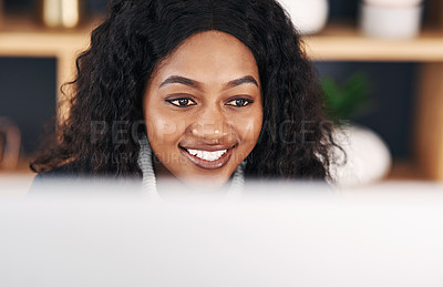 Buy stock photo Lawyer, happy or black woman on computer for legal advice, consulting and networking at law firm. Smile, policy research or African attorney on internet for technology, schedule and feedback review