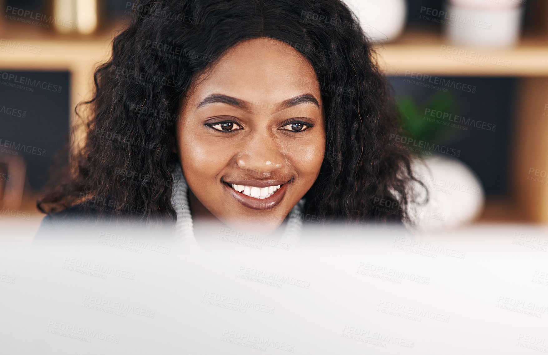 Buy stock photo Lawyer, happy or black woman on computer for legal advice, consulting and networking at law firm. Smile, policy research or African attorney on internet for technology, schedule and feedback review