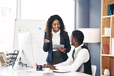 Buy stock photo Telemarketing , black people talking and with computer at desk in their office at work with technology. Teamwork or collaboration, internship or communication and African coworkers discussing