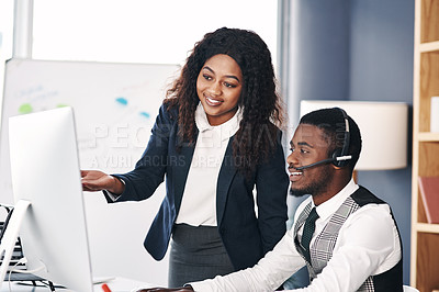 Buy stock photo Call center, black people training and with computer at desk in a office with the team coach. Telemarketing or communication, teamwork or collaboration and corporate colleagues discussing together