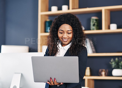 Buy stock photo Business, laptop and black woman typing in office for email, search or web communication. Pc, research and African agent with online consulting for help, advice or faq, guide or planning with client