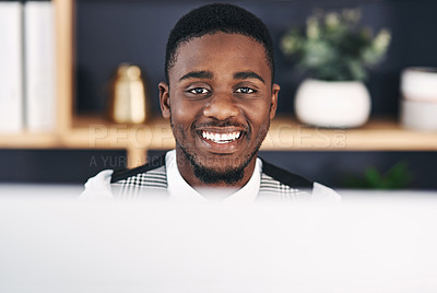 Buy stock photo Portrait, black man and computer working in office for project planning, communication and internet research. Male person, smile and digital tech for start up, internship or new corporate career