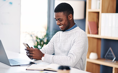 Buy stock photo Black man, smile and laptop in office with smartphone for web design, online project and social media. Business person, confident and happy working on digital tech for creative research and planning
