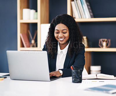 Buy stock photo Research, laptop or black woman with smile in a law firm for consulting, legal advice or networking. Communication, happy attorney or African lawyer on pc technology for schedule or feedback review