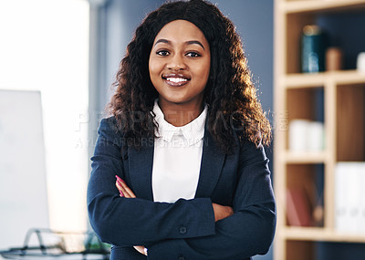 Buy stock photo Arms crossed, portrait or black woman with smile in a law firm for consulting, legal advice and justice. Confident advocate, happy attorney and African lawyer ready for case to empower with pride