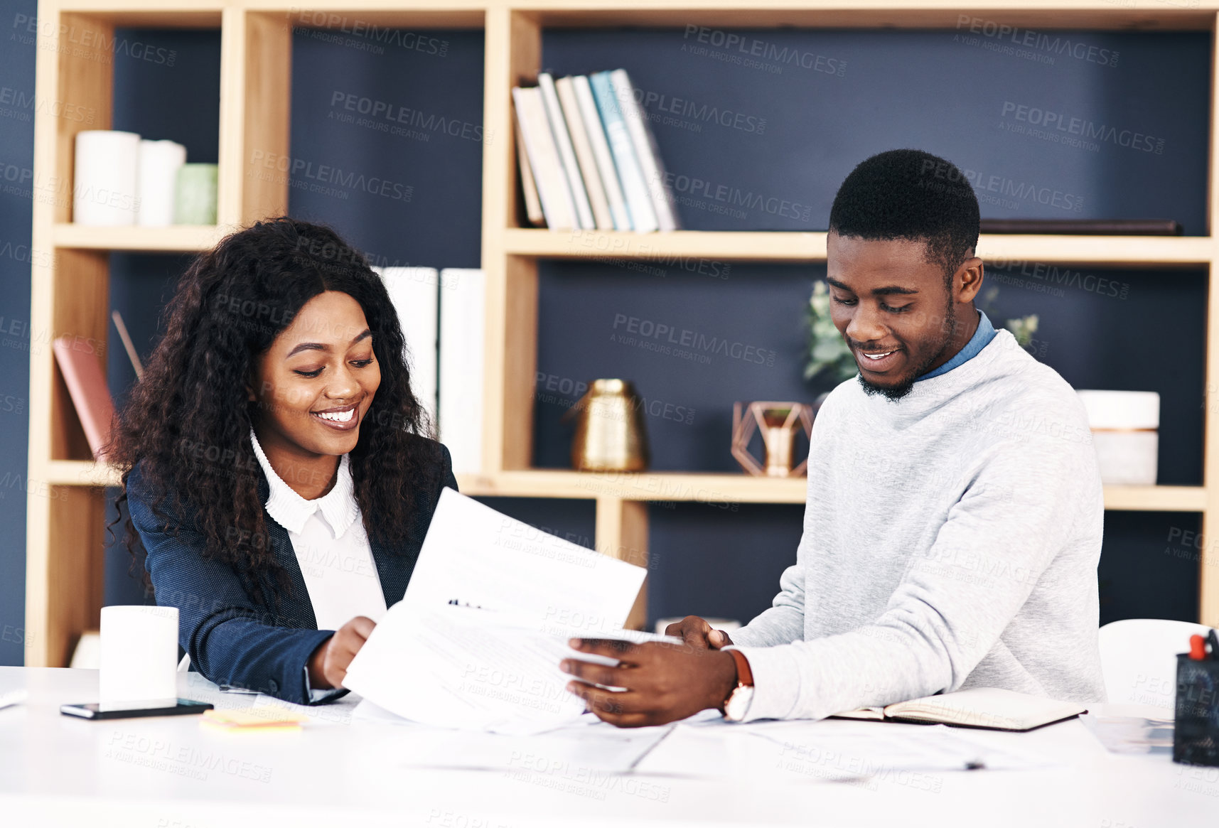 Buy stock photo Partners, paperwork and talking in office on deal, report and lawyers for reading contract. Black people, attorneys and speaking on documents or planning for company growth, teamwork and research