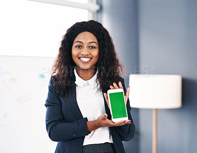 Buy stock photo Black woman, portrait and green screen on phone in office, mockup space and display for app promo. Female person smile and proud of legal website, lawyer and happy for online info for marketing
