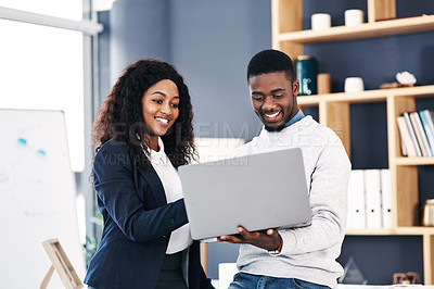 Buy stock photo Teamwork, lawyers or black people with laptop in a law firm for consulting, legal advice or networking. Collaboration, happy or African attorneys with technology for schedule, news or feedback review