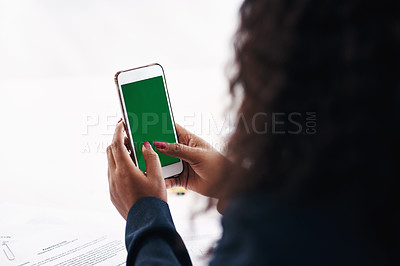 Buy stock photo Businesswoman, hand and cellphone with green screen for mockup space on digital app, contact us or website. Person, fingers and smartphone at consulting firm or advice search, connection or corporate