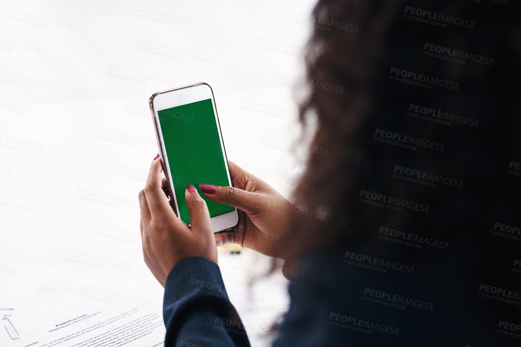 Buy stock photo Businesswoman, hand and cellphone with green screen for mockup space on digital app, contact us or website. Person, fingers and smartphone at consulting firm or advice search, connection or corporate