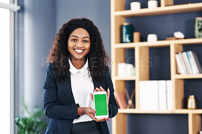 Buy stock photo Black woman, portrait and green screen for phone at work, mockup space and display for app promo. Female person, office and proud of legal website, lawyer and happy for online info for marketing