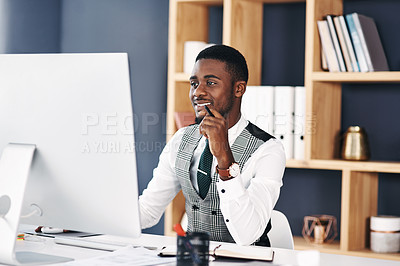 Buy stock photo Lawyer, smile or black man on laptop at law firm for consulting, legal advice or networking. Ideas, policy research or happy African attorney on internet or technology for schedule or feedback review