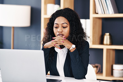 Buy stock photo Lawyer, thinking or black woman on laptop at law firm for consulting, legal advice or networking. Ideas, policy research or African attorney on internet or technology for schedule or feedback review 