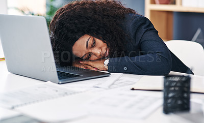 Buy stock photo Black woman, desk and tired sleep for business burnout with overtime fatigue, headache or stress. Female person, laptop and office nap for career deadline or flu sickness, depression or mental health