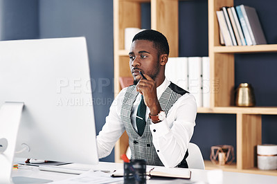 Buy stock photo Lawyer, research or black man on laptop at law firm for consulting, legal advice or networking. Website, online policy or African attorney on internet or technology for schedule or feedback review