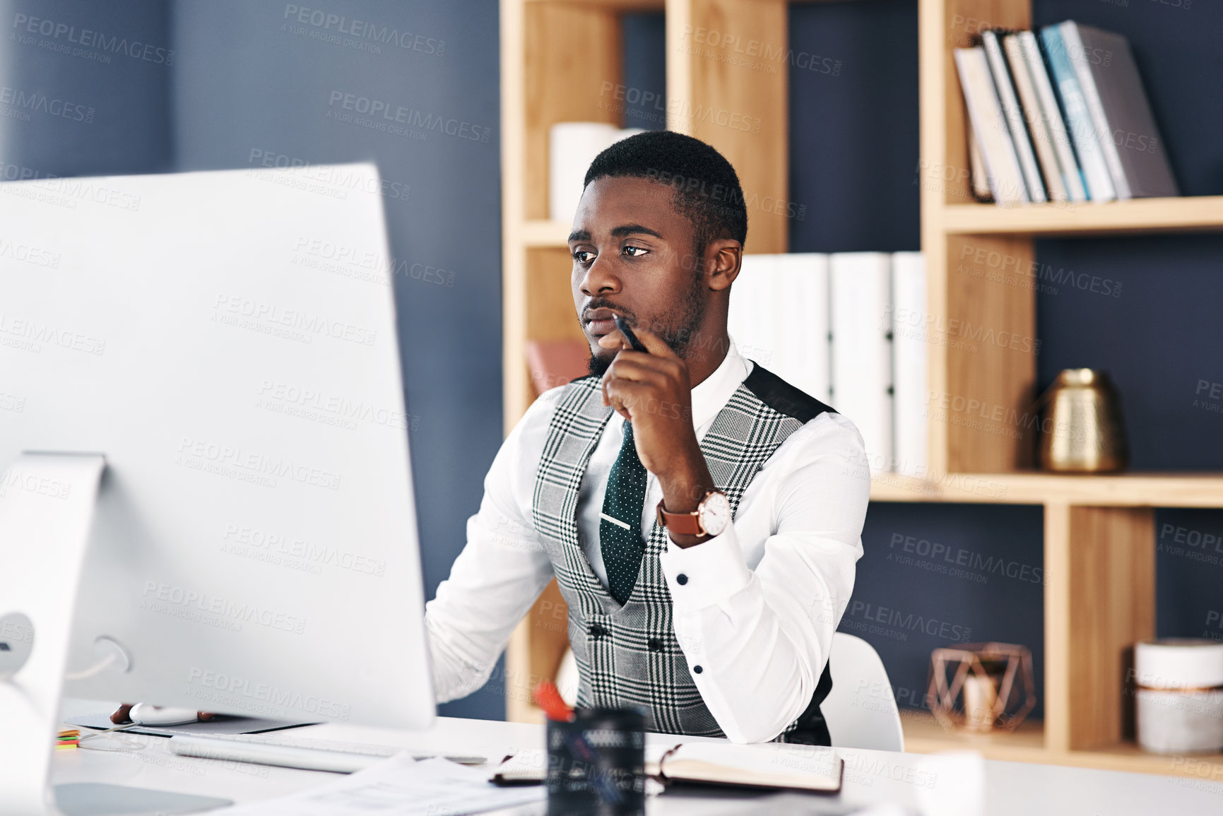 Buy stock photo Business, office or black man on computer to research for consulting, legal advice or networking. Lawyer, online policy or African attorney on internet or technology for schedule or feedback review