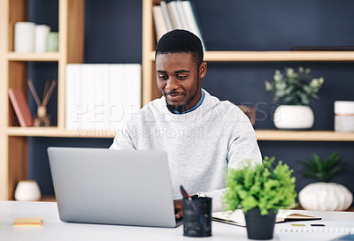 Buy stock photo Black man, smile and laptop in office for web design, digital project or social media communication. Business person, internet or working on digital tech for research, planning or online search