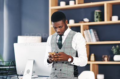 Buy stock photo Phone, typing and black man in office for online research, email and communication at law firm. Corporate, lawyer and  networking with technology for policy review or legal information for case