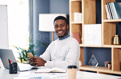 Buy stock photo Black man, smile and tablet in office portrait for web design, online project and social media. Business person, corporate and happy working on mobile phone for research, planning and strategy