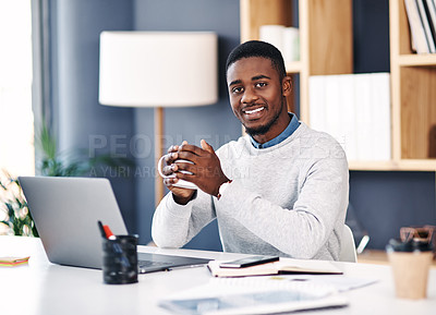 Buy stock photo Portrait, employee and black man at desk, coffee and laptop with professional and career ambition. African person, face or entrepreneur with morning tea or pc with agent and business owner with smile