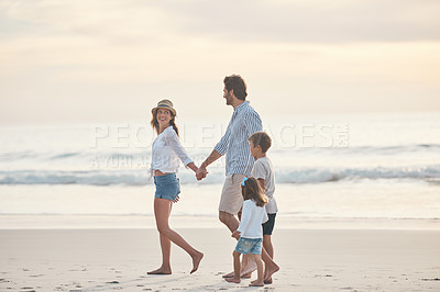 Buy stock photo Beach, vacation and holding hands with family, bonding and happy adventure by ocean on sky. Mom, father and children explore with parents in Miami shore for holiday walk, trip and summer travel