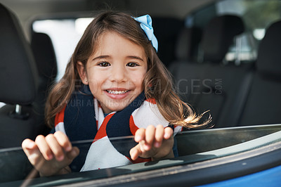 Buy stock photo Girl, portrait and road trip in car for travel, excited and journey with explore, smile and vacation. Child, happy and fun adventure in suv by window for drive, holiday and sightseeing on weekend