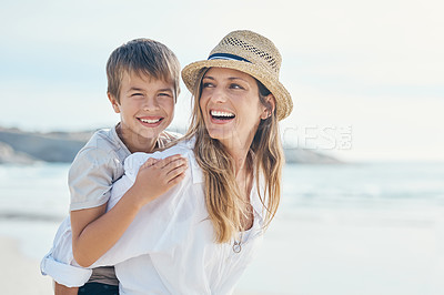 Buy stock photo Mother, son and ocean piggyback on vacation, happiness and travel to water for weekend fun. Mom, boy and kid for carrying game by sea waves or sand, holiday trip and support child in nature to play