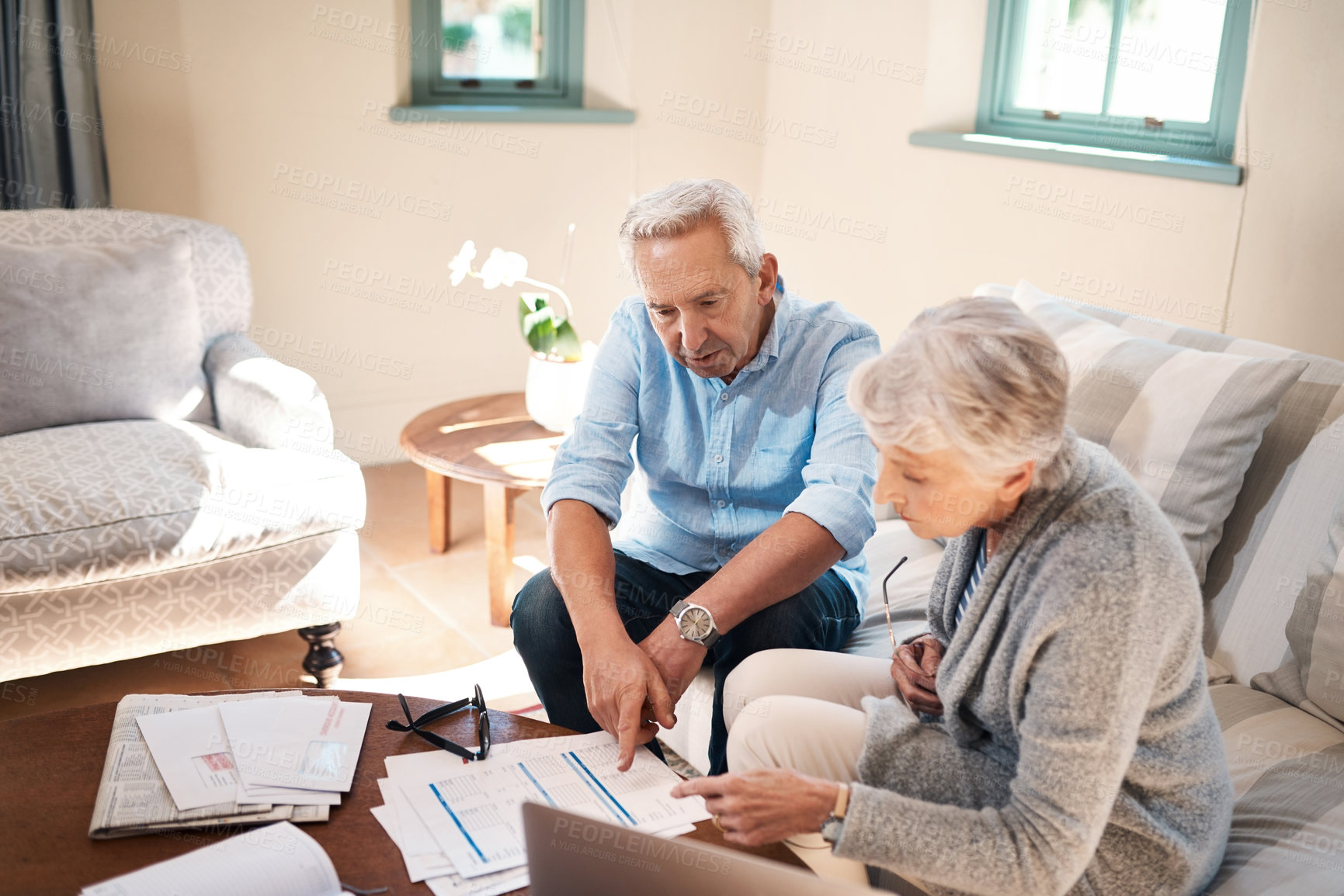 Buy stock photo Old couple, paperwork and investment with policy summary elderly husband and wife on couch in home. Planning, report or senior people reading retirement savings growth, insurance fund or documents