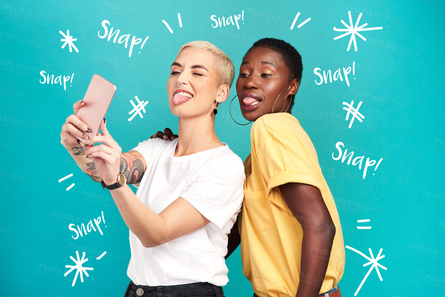 Buy stock photo Studio shot of two young women taking selfies together against a turquoise background