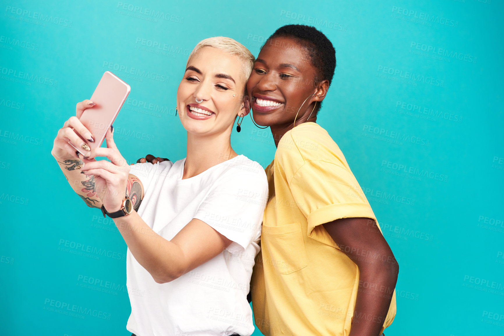 Buy stock photo Women, happy and diversity with selfie, together and bonding in studio background for friendship. Female people, pride and smile as cheerful for international womens day, celebration and social media