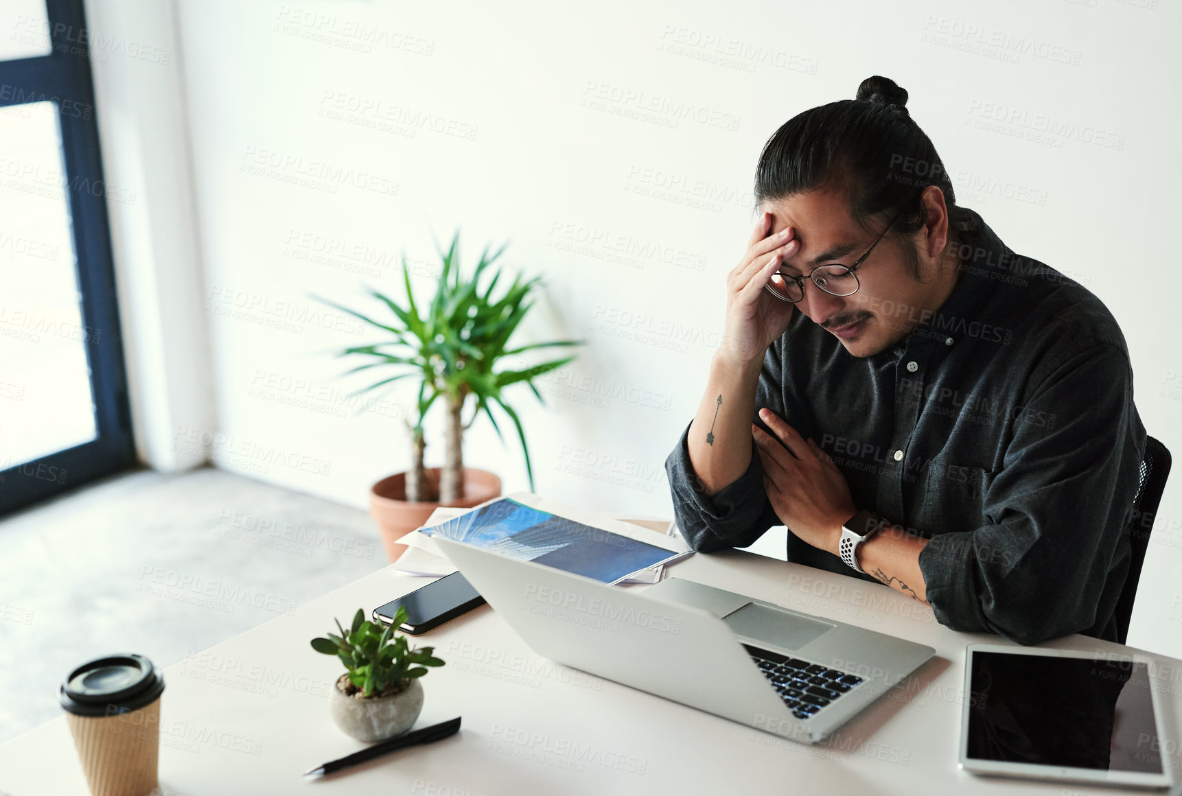 Buy stock photo Asian man, headache and laptop crisis in office, stress and 404 error or burnout for bankruptcy. Male person, glasses and frustrated for proposal or project, depression and migraine anxiety for audit