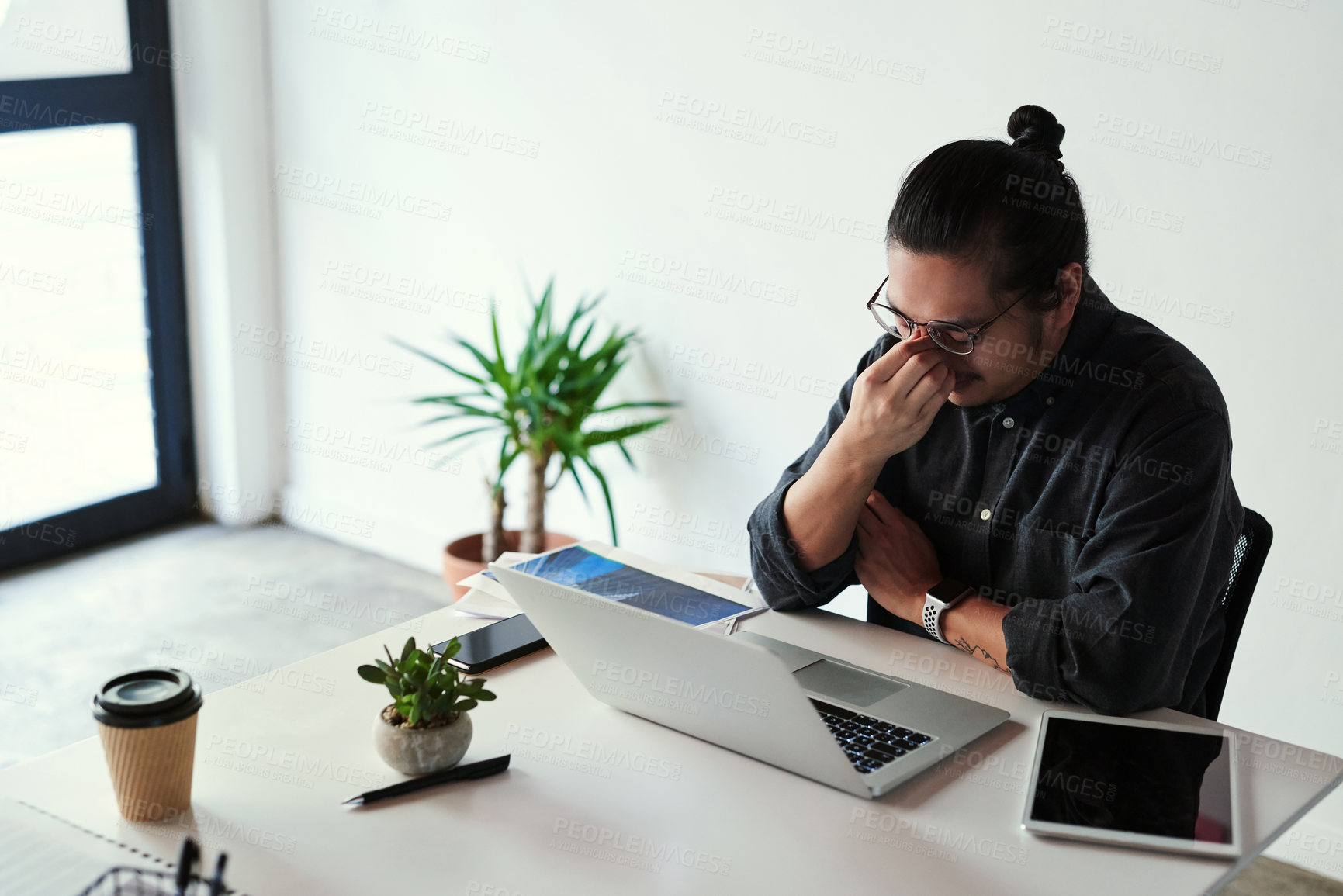 Buy stock photo Asian man, tired and laptop for eye strain in office, mental health and 404 glitch or stress for bankruptcy. Male person, glasses and frustrated for vision difficulty, depression and migraine anxiety