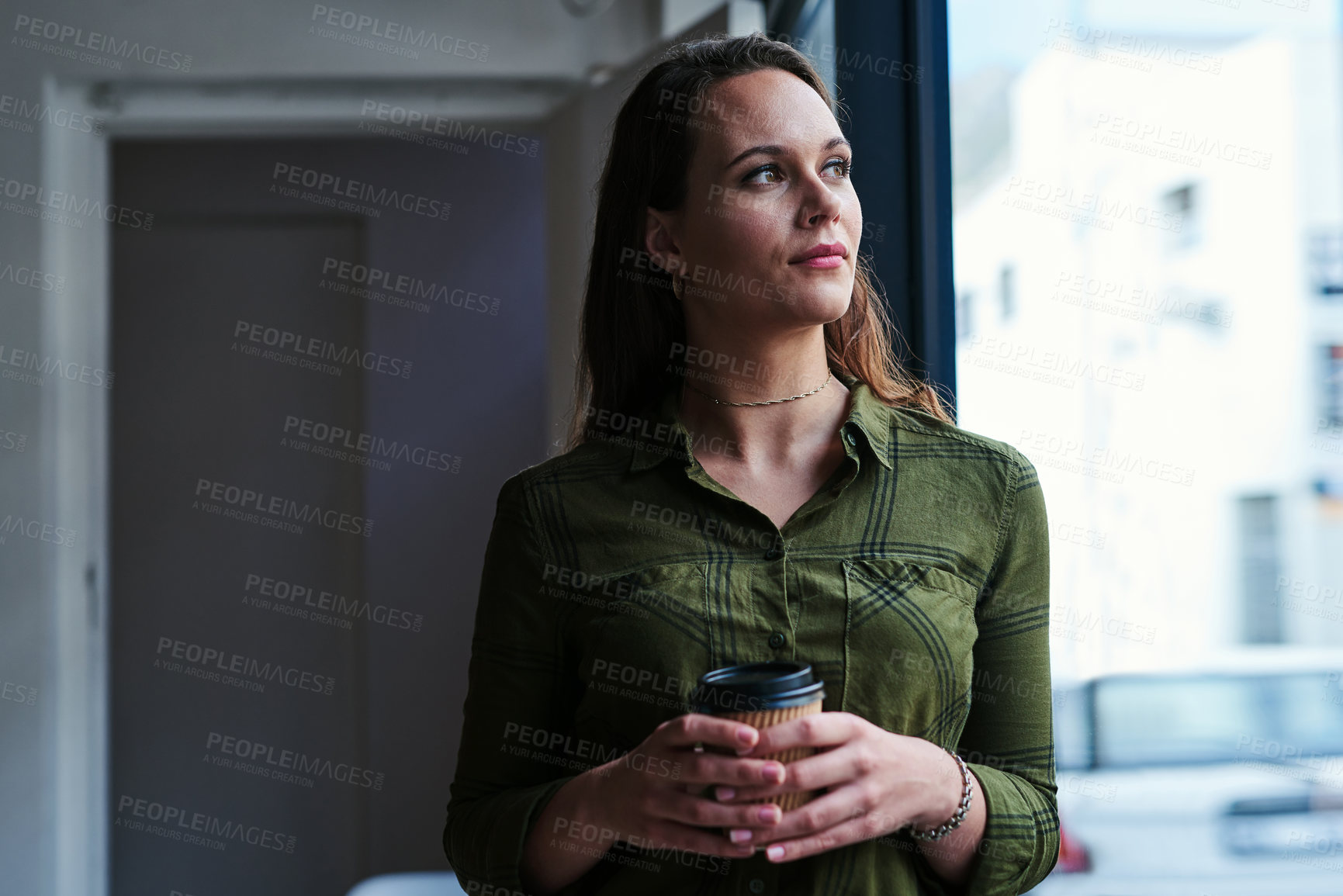 Buy stock photo Woman, coffee cup and thinking in office, planning and window for career reflection or latte. Female person, espresso and morning inspiration for job in workplace, tea break and employee for memory