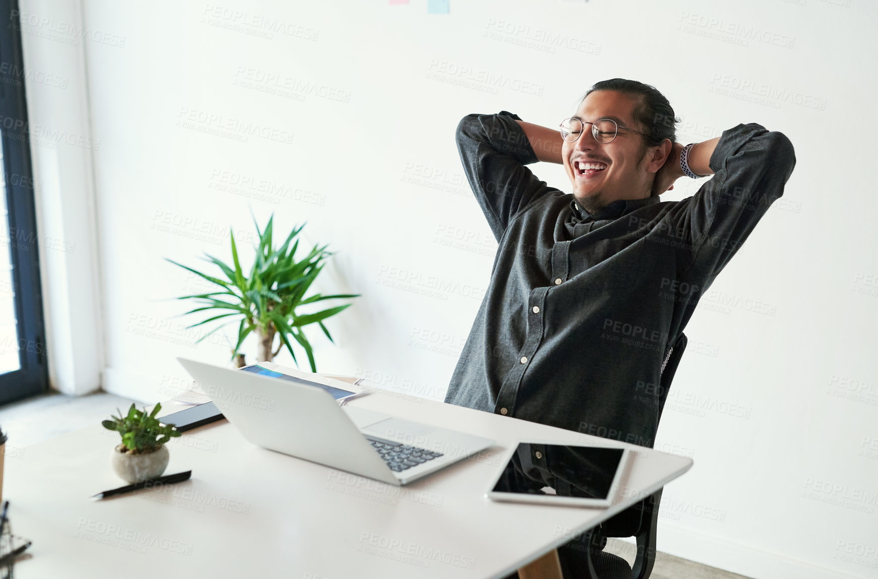 Buy stock photo Stretching, laptop and business man relax after finishing project, report or email in startup. Peace of mind, calm and happy employee with eyes closed for complete work, success and freedom on break