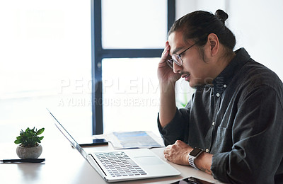 Buy stock photo Asian man, headache and laptop mistake in office, stress and 404 error or burnout for bankruptcy. Male person, glasses and frustrated for proposal or project, depression and anxiety for business